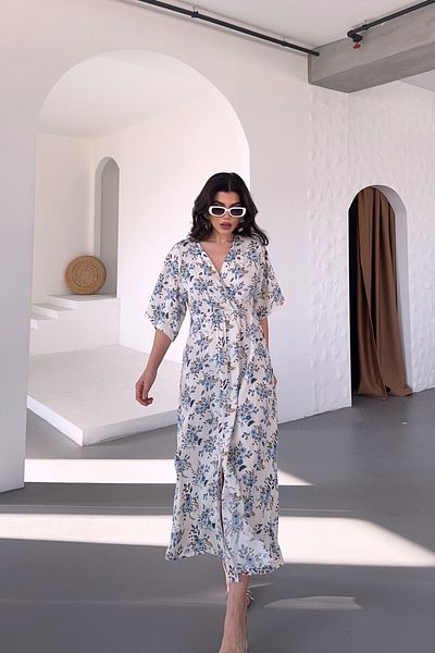 Pek Moda Rochie de seară lungă cu model floral, crem, albastru nud, cu fustă cu volan, rochie de vară de absolvire