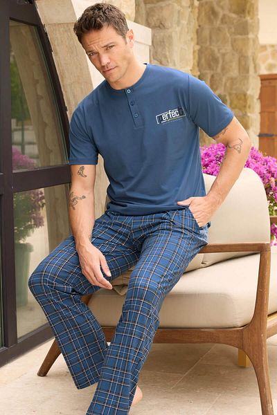 Pijamaevi Marineblau-weiß kariertes, perfekt gemustertes, kurzärmliges Herren-Pyjama-Set