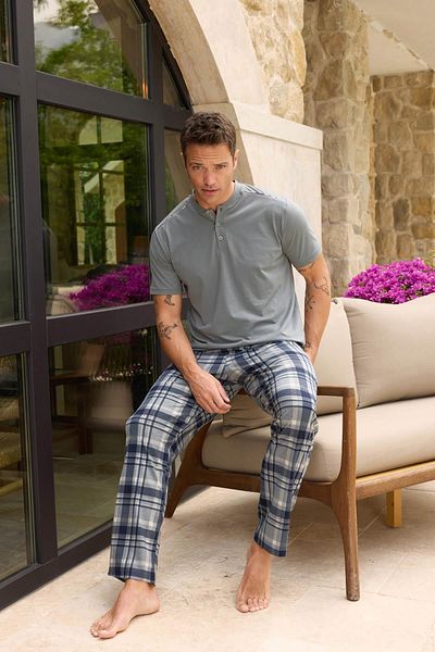 Pijamaevi Grau kariertes, kurzärmliges Herren-Pyjama-Set mit Linienkanten