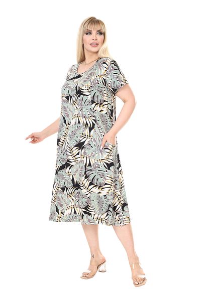 MELSAY Women's Short Sleeve Green Tropical Palms Pattern Standard Fit Viscose Dress 44-52 Size Range