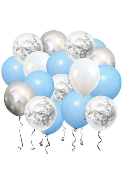 Ezgi Party Store 15 Pieces Silver Confetti 5 Transparent Balloons 5 Macarons Blue 5 Metallic Gray Balloons Set