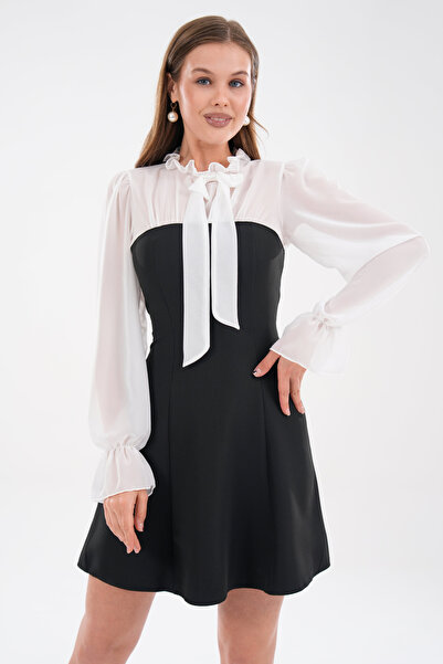 bayansepeti Siyah Atlas Kumaş Bağlamalı Yaka Tasarım Tül Detay Uzun Kollu Min...