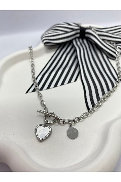 Lucky BE Collection LUCKY B&E KALIN ZİNCİRLİ BEYAZ SEDEFLİ KALP ÇELİK KOLYE S...