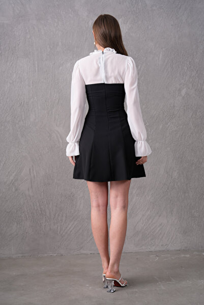 4S1B FASHION Tül ve Atlas Kumaş Tasarım Bağlamalı Yaka Detaylı Kloş Mini Abiye Elbise 214