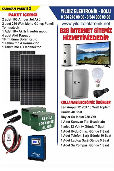 Genel Markalar SOLAR KARAVAN PAKETİ 2- 460WATT PANEL - 200 AMPER JEL AKÜ - 1000WATT TAM SİNÜS İNVERTER