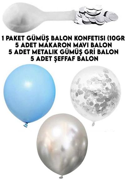 Ezgi Party Store 15 Pieces Silver Confetti 5 Transparent Balloons 5 Macarons Blue 5 Metallic Gray Balloons Set
