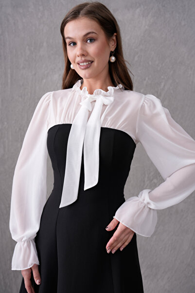 4S1B FASHION Tül ve Atlas Kumaş Tasarım Bağlamalı Yaka Detaylı Kloş Mini Abiye Elbise 214