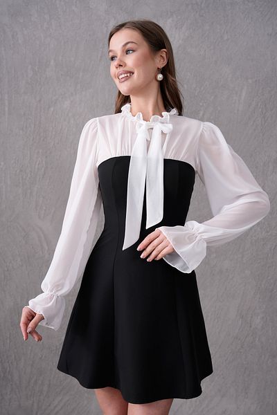 4S1B FASHION Μίνι βραδινό φόρεμα 214 με υφασμάτινο σχέδιο τούλι και άτλαντα με λεπτομέρεια με λαιμόκοψη