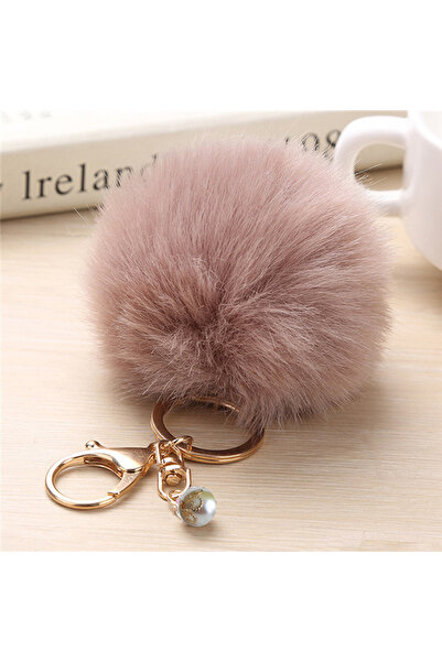 Generic سلسلة مفاتيح على شكل كرة من فرو الأرنب - قهوة فاتحة