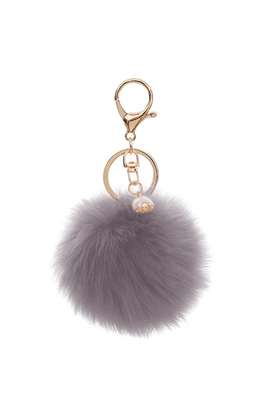Generic سلسلة مفاتيح على شكل كرة من فرو الأرنب - رمادي فاتح 2