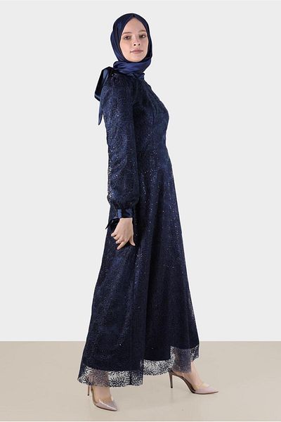 Alvina Satin Laced Cuff Detail Guipure Evening Dress - 50258