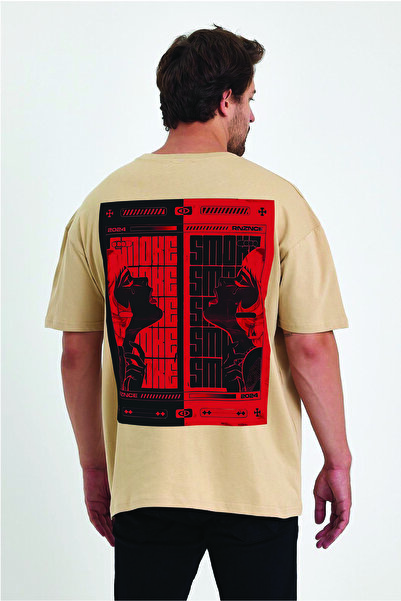 By Caspita Fashion Lenithra Smoke Back Štampano Unisex Oversize kroj Bež T-shirt