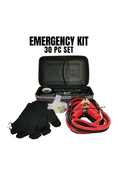 MTOOLS Car Emergency Tool Kit 30-Piece Set with Booster Cables, Glove, Fuses, Tape & Tools