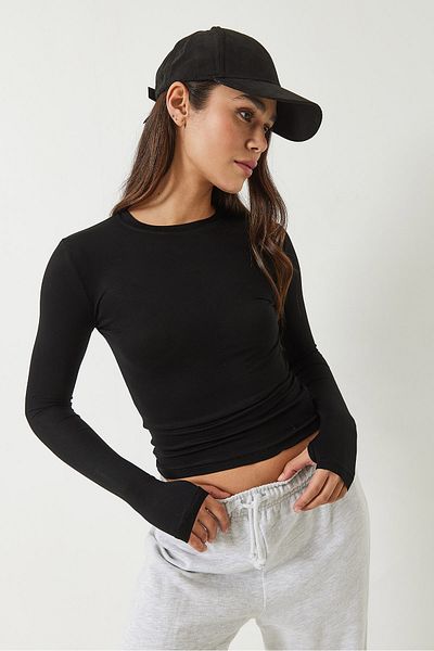 Bianco Lucci Women's Fingered Crew Neck Long Sleeve Modal Blouse 60283120