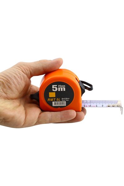 Badem10 Măsurător de îndoit metalic Scharf 5 m x 25 mm cu carcasă din plastic cu buton portocaliu