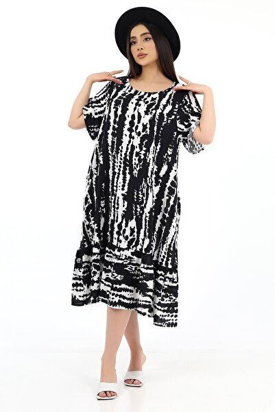 SCHIK Women's Viscose Half Sleeve O Neck Pocket Ruffle Dress Black