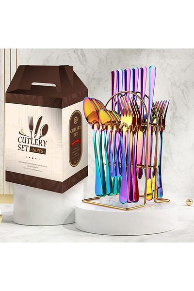 fulina 24-Piece Stainless Steel Cutlery Set,With Stand, Mirror Polished,For Holiday Party(Colorful)