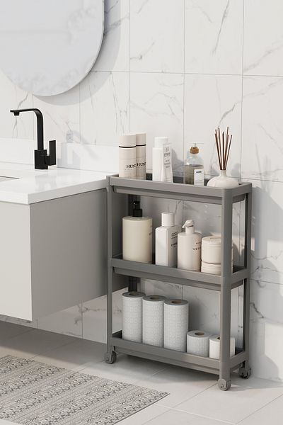 Omaş Household Product Ορθογώνιο ράφι 3 επιπέδων με ρόδες - Organizer μπάνιου και κουζίνας (ΓΚΡΙ)