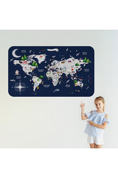Harita Sepeti Educational and Flaged World Map World Atlas Children's and Baby's Room Wall Sticker-3819