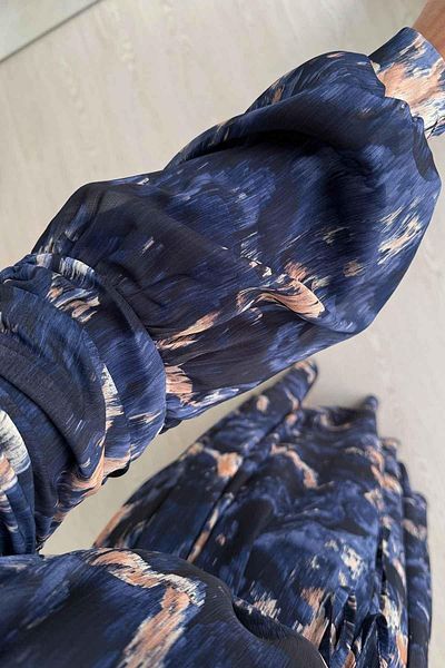 Ka Hijab Navy Blue Sleeve Gathered Patterned Chiffon Dress