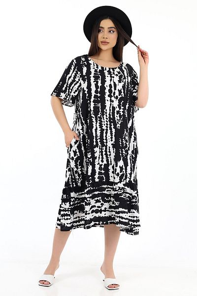 SCHIK Rochie de damă din viscoză cu jumătate de mânecă, cu decolteu O, cu buzunare, neagră