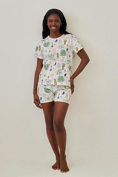 Katia&Bony Set de pijamale cu model Safari Ecru pentru damă, cu pantaloni scurți