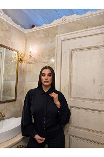 MİSTİX İSTANBUL GİYFEST YAKALI GOLD DÜĞME DETAYLI UZUN KOL SATEN İPEK GÖMLEK