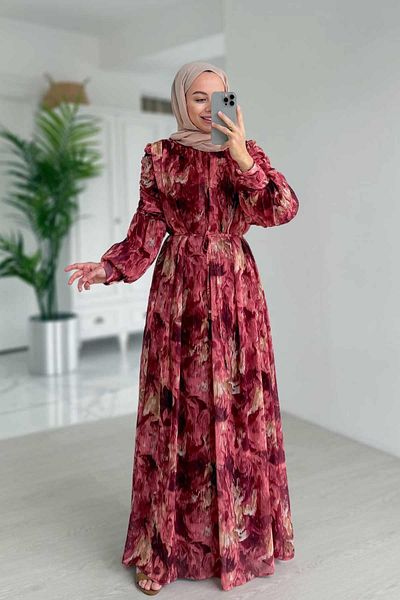 Ka Hijab Φόρεμα σιφόν με μπορντό μοτίβο / μανίκια