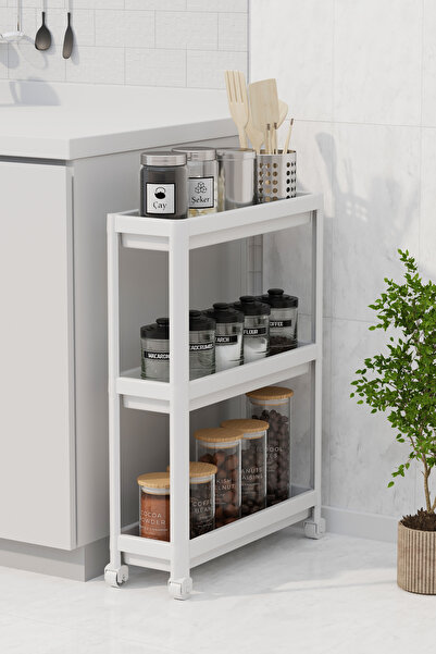 Omaş Household Product وحدة رفوف مستطيلة مكونة من 3 طبقات بعجلات - رف منظم للمطبخ والحمام - وحدة رفوف حديثة