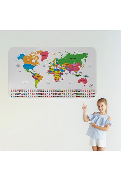 Harita Sepeti Educational Capital Detailed Atlas with Country Flag World Map Wall Sticker-3833