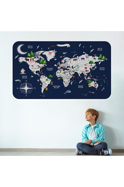 Harita Sepeti Educational and Flaged World Map World Atlas Children's and Baby's Room Wall Sticker-3819