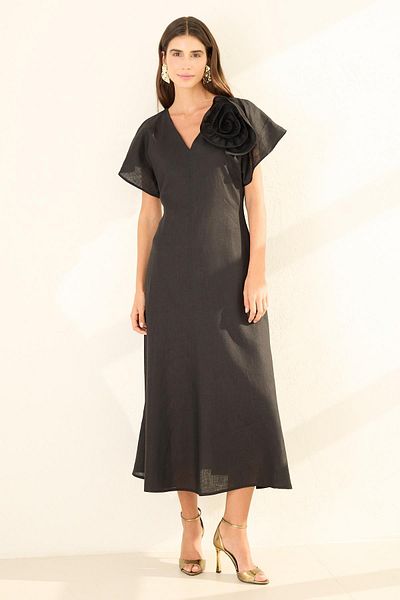 Setre Black V-Neck Rose Detailed Full Mold Midi Length Linen Dress