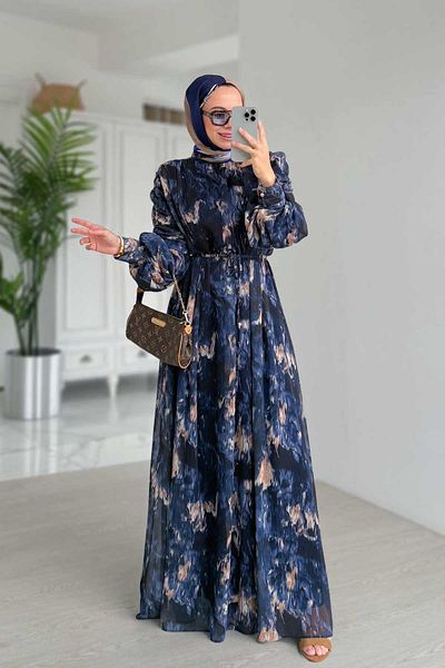 Ka Hijab Navy Blue Sleeve Gathered Patterned Chiffon Dress