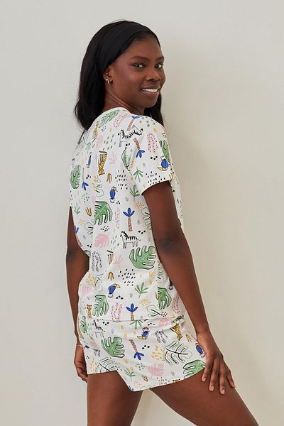 Katia&Bony Set de pijamale cu model Safari Ecru pentru damă, cu pantaloni scurți