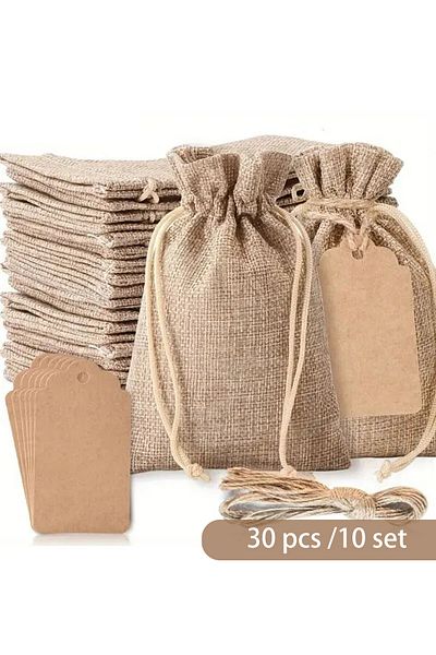 Choice 30pcs/10set, Premium Burlap Gift Bags With Drawstring And Gift Tags String, 4x6 Inch Reusable