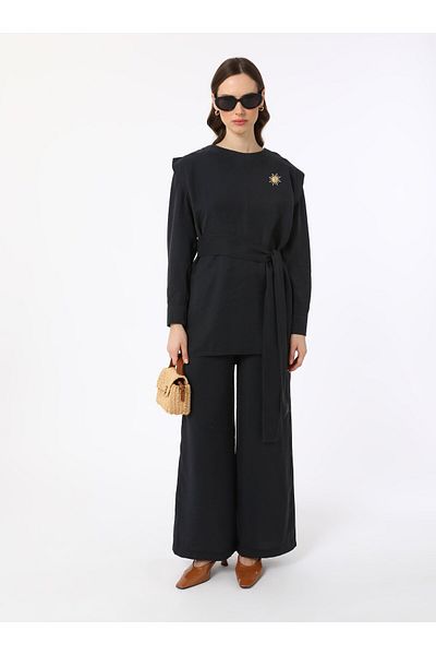Refka Modal Fabric Binding Detailed Brooch Double Set - Black - Refka Exclusive