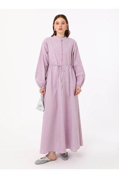 Benin Cotton Content Hijab Dress with Waist Tie Detail - Blue Striped - Benin