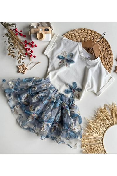 Nkb Kids Blue Girl's Clothes - 2-Piece Set with Skirt and T-Shirt |   Lily Embroidered Outfit