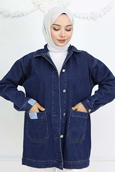 benguen Navy Blue 702 Pocket Advanced Hijab Denim Jacket