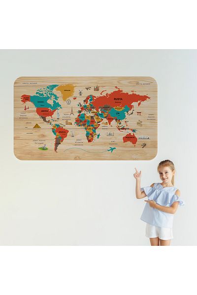 Harita Sepeti Wooden Look Turkish Educational Detailed Atlas Decorative World Map Wall Sticker-3867