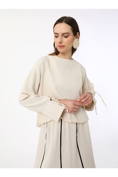 Benin Stripe Detailed Sleeves Tie Skirt Suit - Beige - Benin