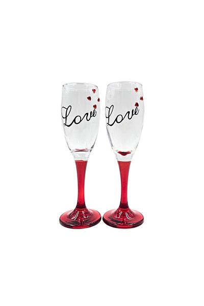 Excellent Houseware Set of 2 champagne glasses with hearts, red base, Love message, 20 cm