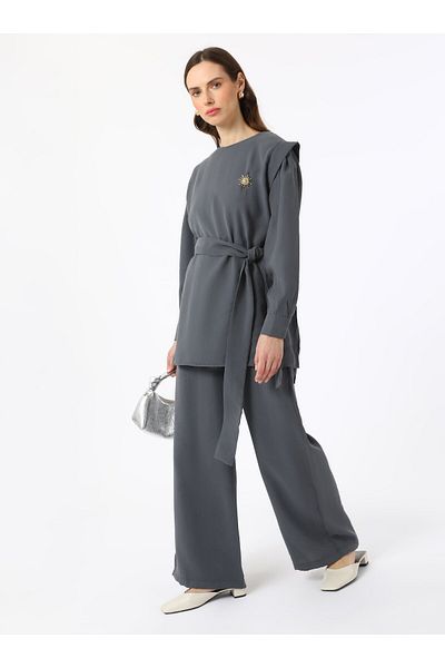 Refka Brooch Detailed Modal Fabric Trousers Tunic Double Set - Gray - Refka Exclusive