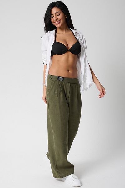 Firststops Women's Khaki High Waist Velcro Waist Palazzo Pants