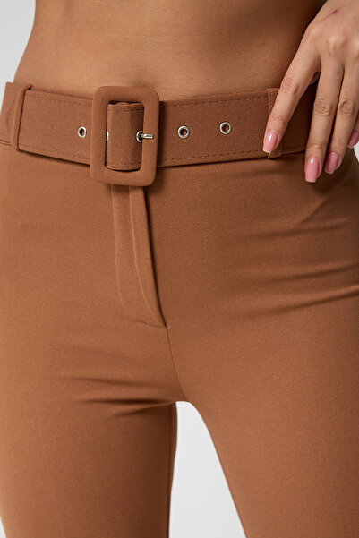 Firststops Kadın Kemerli Taba Yüksek Bel İspanyol Paça Pantolon