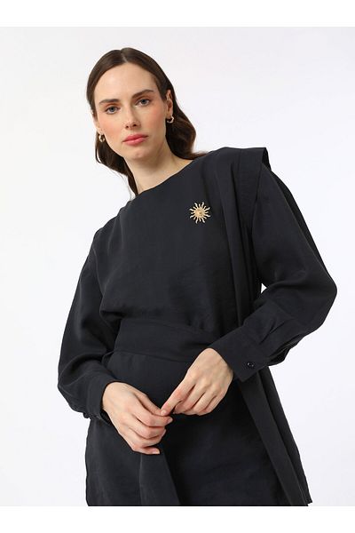 Refka Modal Fabric Binding Detailed Brooch Double Set - Black - Refka Exclusive