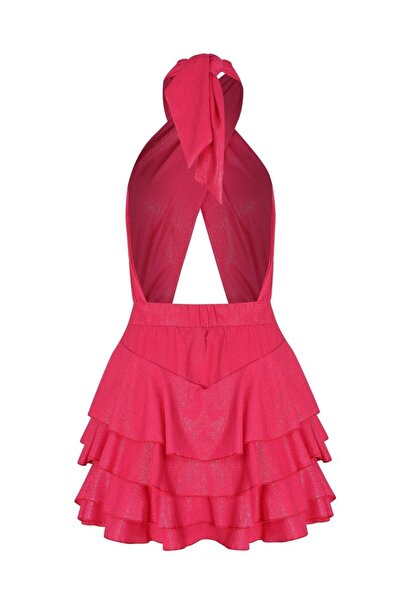 La Sarta Fuchsia Colored MYKONOS Shorts Dress - Cross Neck Printed Foiled Print