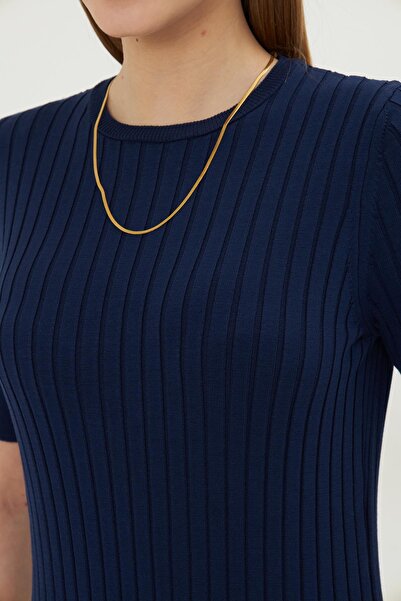 Irmak Kerekli Kadın Lacivert Fitilli Kısa Kollu Triko Elbise 1345