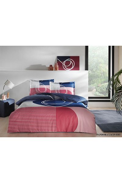 Taç 100% Cotton Satin Double Duvet Cover Set Navy Blue – Modern Geometric Patterns