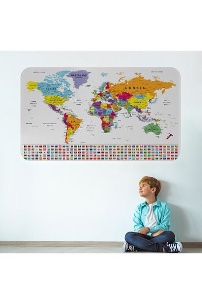 Harita Sepeti Educational Capital Detailed Atlas with Country Flag World Map Wall Sticker-3848